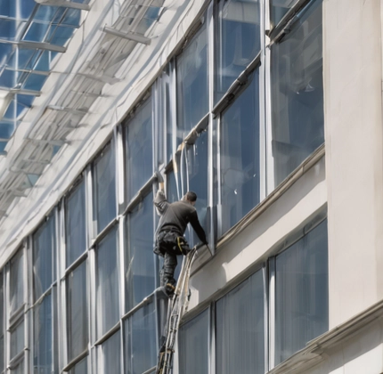 Fensterputzer bei der Arbeit an einem Hochhaus in Düsseldorf