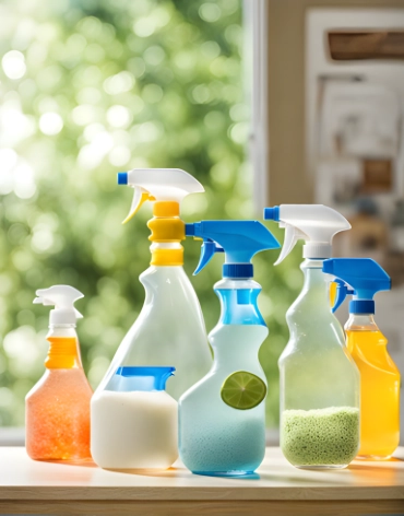 Umweltfreundliche Reinigungssprays und Schwämme auf Fensterbank